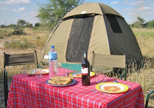 Adventure camping safari tent set up in the Tanzanian bush