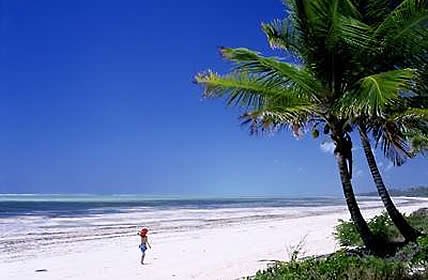White sandy beach and turquoise water on Zanzibar's coast